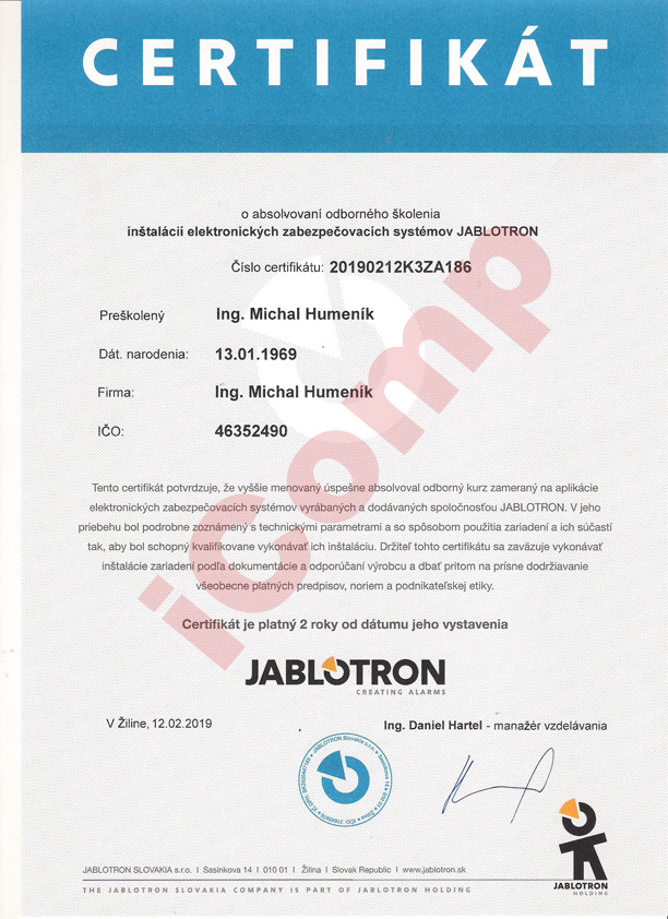certifikat Jablotron